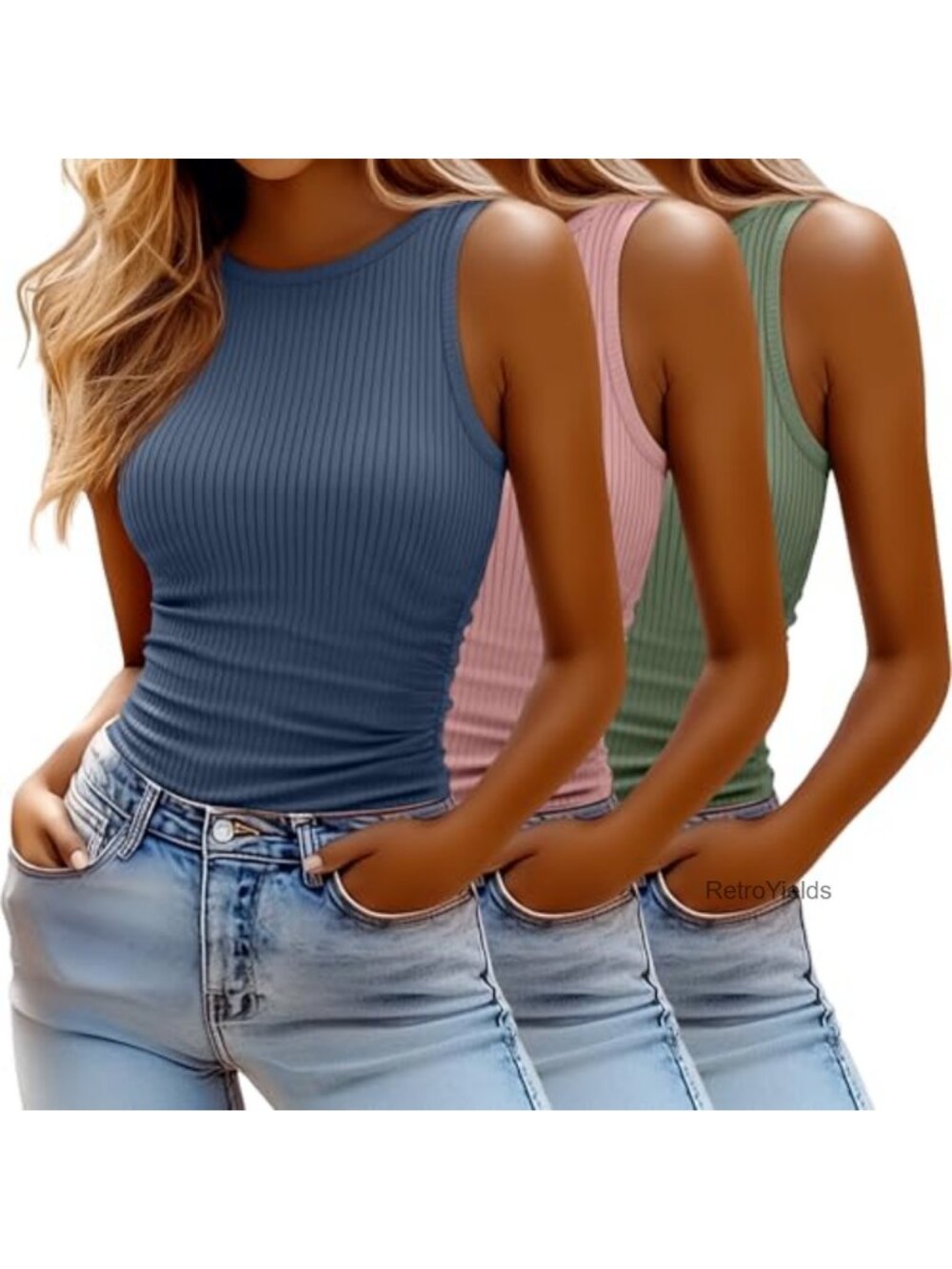 Women's Ribbed Tank Tops 3 Pack Racerback High Neck Slim Fit Soft